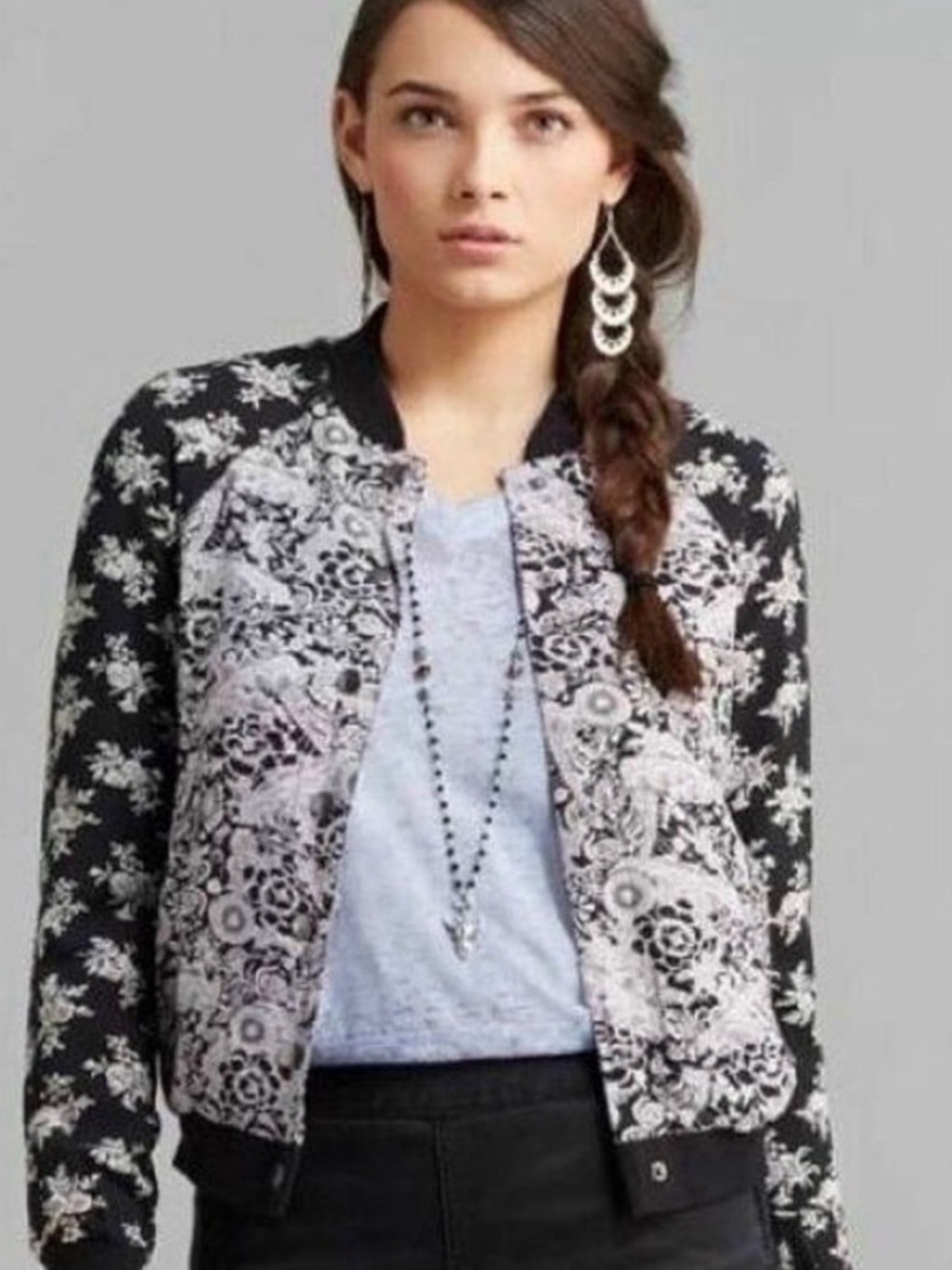 Free People Floral Print Black & White Baseball light Bomber Jacket